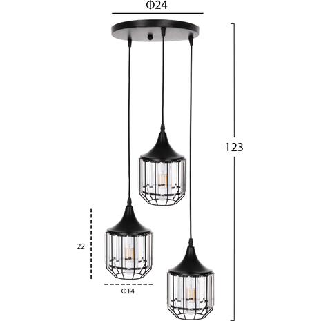 ΦΩΤΙΣΤΙΚΟ ΟΡΟΦΗΣ ΚΡΕΜΑΣΤΟ HM4084 3ΦΩΤΟ ΜΑΥΡΟ ΜΕΤΑΛΛΟ-ΓΥΑΛΙ Φ14x123Yεκ.