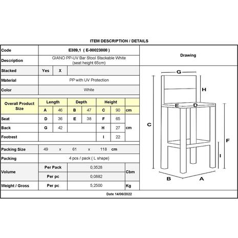 GIANO Σκαμπό BAR με Πλάτη, PP-UV Άσπρο, Στοιβαζόμενο Ύψος Καθίσματος 65cm (Συσκ.4) (σετ 4 τεμαχίων) (Ε389,1)