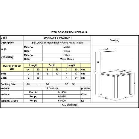 BELLA Καρέκλα Τραπεζαρίας, Μέταλλο Βαφή Μαύρο, Ύφασμα Απόχρωση Mixed Green (σετ 4 τεμαχίων) (ΕΜ757,20)