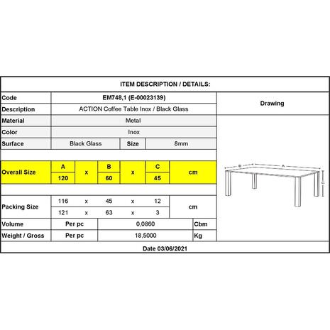 ACTION Τραπεζάκι Σαλονιού - Καθιστικού 120x60cm Inox - Μαυρό Γυαλί 8mm (ΕΜ748,1)