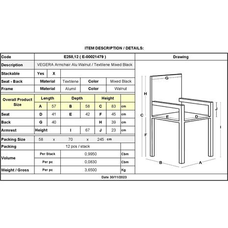 VEGERA Πολυθρόνα Dining Αλουμίνιο Βαφή Καρυδί Textilene Μαύρο, Στοιβαζόμενη (Ε258,12)