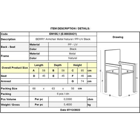 BERRY Πολυθρόνα Μέταλλο Βαφή Φυσικό, PP-UV Μαύρο (σετ 6 τεμαχίων) (ΕΜ155,1)