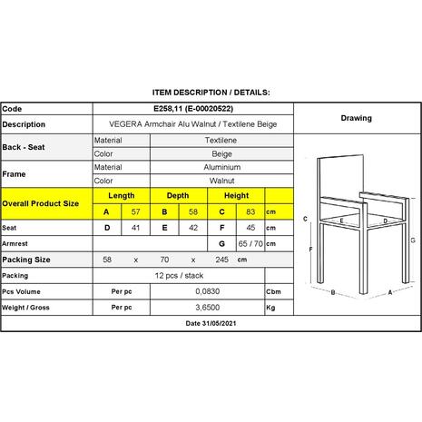 VEGERA Πολυθρόνα Dining Αλουμίνιο Βαφή Καρυδί Textilene Μπεζ, Στοιβαζόμενη (Ε258,11)