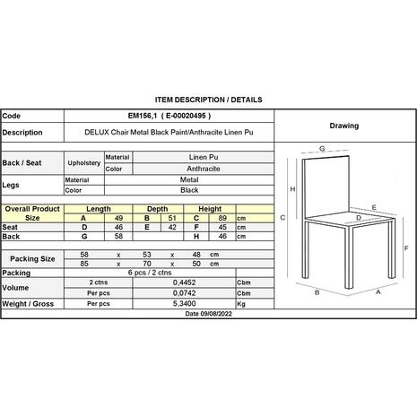 DELUX Καρέκλα Μέταλλο Βαφή Μαύρο, Linen PU Ανθρακί (σετ 6 τεμαχίων) (ΕΜ156,1)