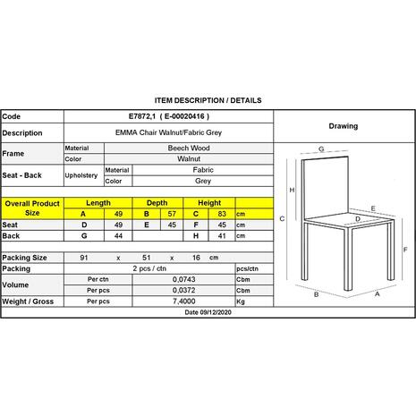 EMMA Καρέκλα Τραπεζαρίας Οξιά Καρυδί, Ύφασμα Γκρι (σετ 2 τεμαχίων) (Ε7872,1)