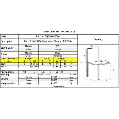 LINEA Καρέκλα Τραπεζαρίας Κουζίνας, Μέταλλο Χρώμιο Πολυπροπυλένιο Άσπρο (σετ 6 τεμαχίων) (ΕΜ120,1W)