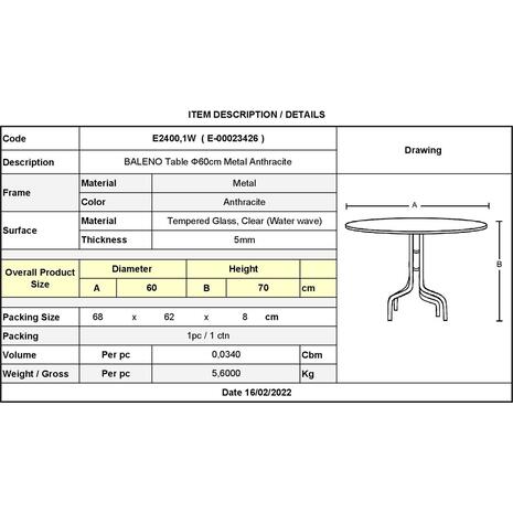 BALENO Τραπέζι Κήπου - Βεράντας, Μέταλλο Βαφή Ανθρακί, Γυαλί Tempered (Ε2400,1W)