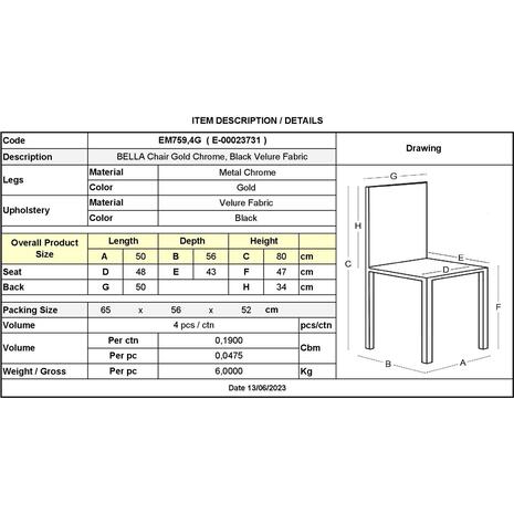 Καρέκλα Τραπεζαρίας - Κουζίνας BELLA Μέταλλο Χρώμιο Χρυσό, Ύφασμα Velure Απόχρωση Μαύρο [Ε-00023731] ΕΜ759,4G (4 τεμάχια) - Ανακάλυψε ποιοτικές και μοντέρνες Καρέκλες Κουζίνας - Τραπεζαρίας από το Oikonomou-shop.gr.