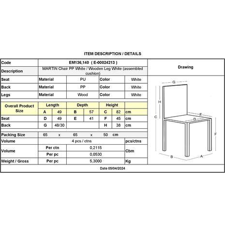 MARTIN Καρέκλα Ξύλο Άσπρο, PP Άσπρο Μονταρισμένη Ταπετσαρία (σετ 4 τεμαχίων) (ΕΜ136,140)