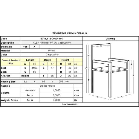 ALBA Πολυθρόνα Κήπου Στοιβαζόμενη, PP-UV Cappuccino (Ε316,1)