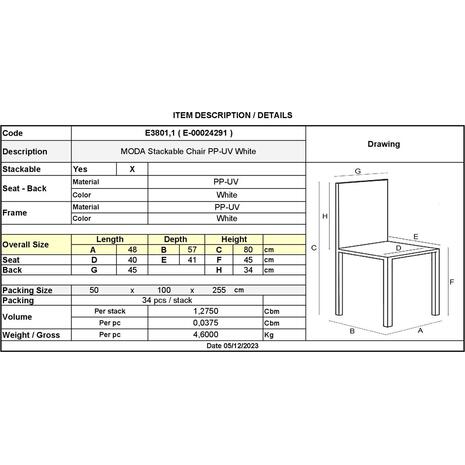 MODA Καρέκλα-Pro Στοιβαζόμενη PP - UV Protection, Απόχρωση Άσπρο (Ε3801,1)