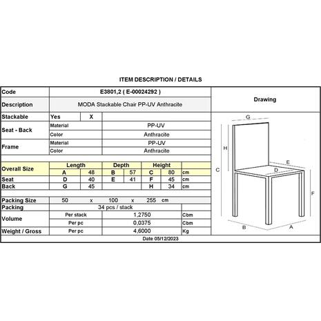 MODA Καρέκλα-Pro Στοιβαζόμενη PP - UV Protection, Απόχρωση Ανθρακί (Ε3801,2)