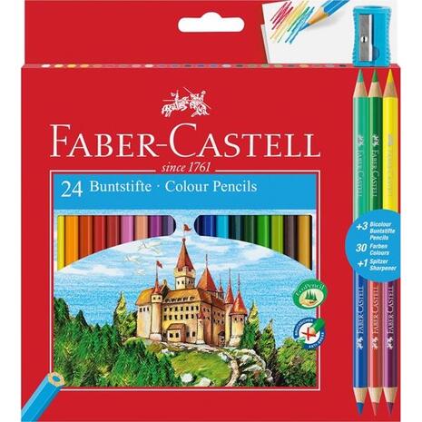 Ξυλομπογιές Faber-Castell Κάστρο σετ των 24 + 3 ξυλοµπογιές x2 χρώµατα + δώρο ξύστρα (110324)