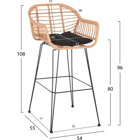 ΣΚΑΜΠΟ ΜΠΑΡ ΨΗΛΟ ALLEGRA HM5640.11 ΜΠΕΖ P.E. RATTAN-ΜΑΥΡΟ ΜΕΤΑΛΛΟ 54x55x108Υεκ.