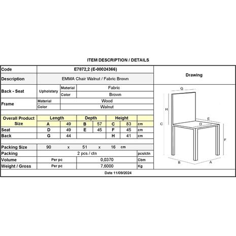 EMMA Καρέκλα Τραπεζαρίας Οξιά Καρυδί, Ύφασμα Καφέ (σετ 2 τεμαχίων) (Ε7872,2)
