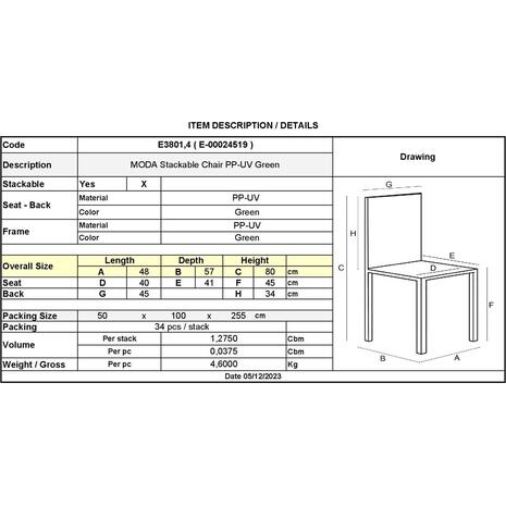 MODA Καρέκλα-Pro Στοιβαζόμενη PP - UV Protection, Απόχρωση Πράσινο (Ε3801,4)